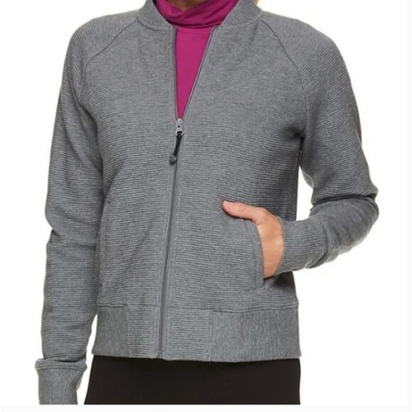 Gaiam Mercer Bomber Grey Zip Up Ribbed Sweatshirt Size S Workout Yoga - Picture 1 of 7